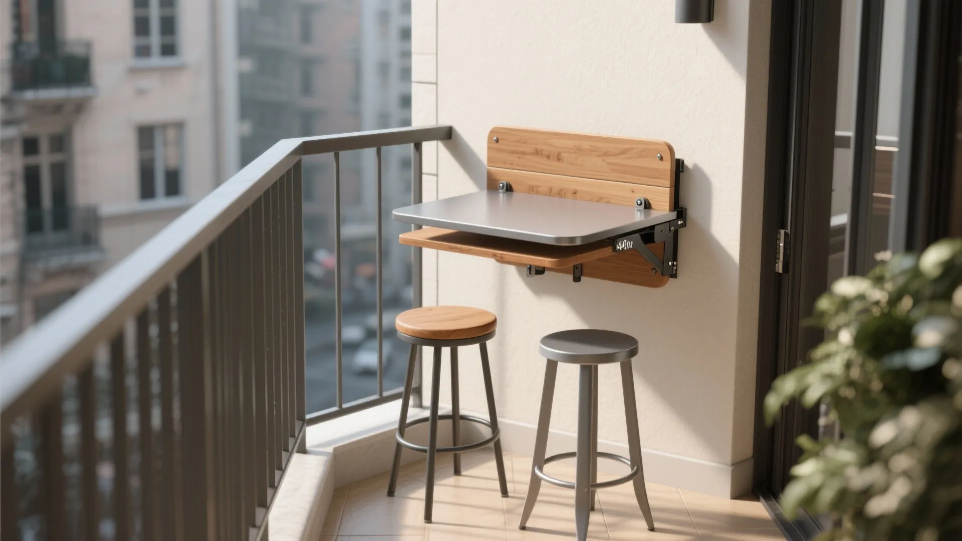 Wall mounted folding wooden table and two bar stools on a small balcony with view