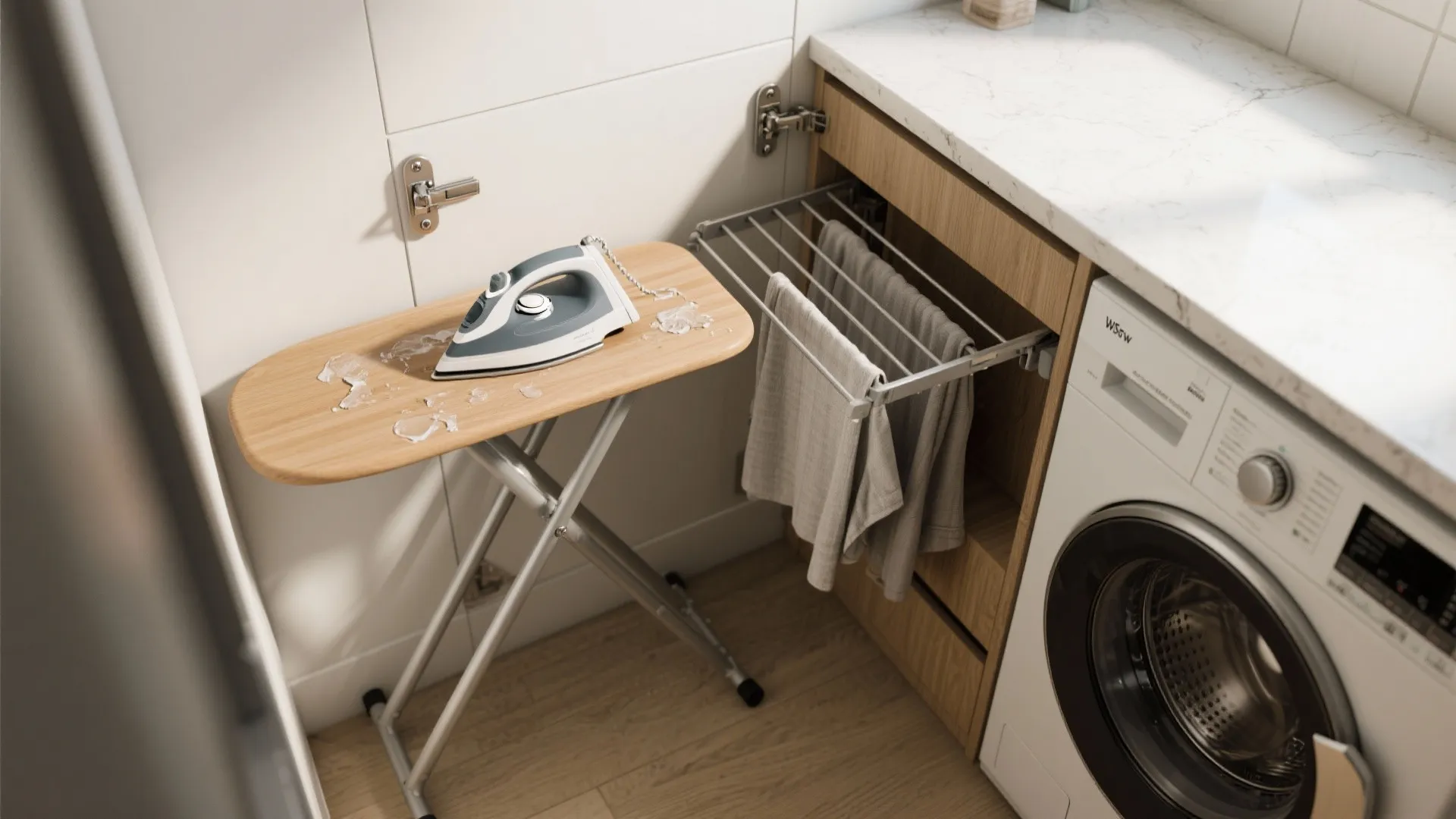 3. Fold-Down Ironing Board and Retractable Drying Rack