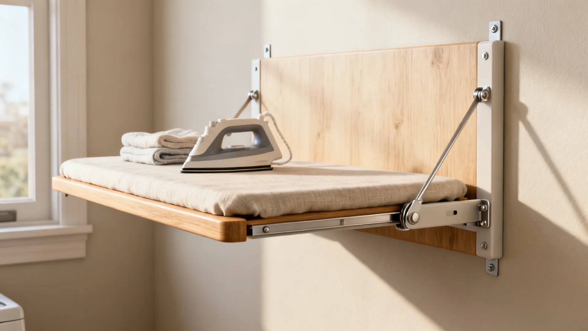 Wall-mounted fold-down ironing board in a small laundry room demonstrating compact functionality.