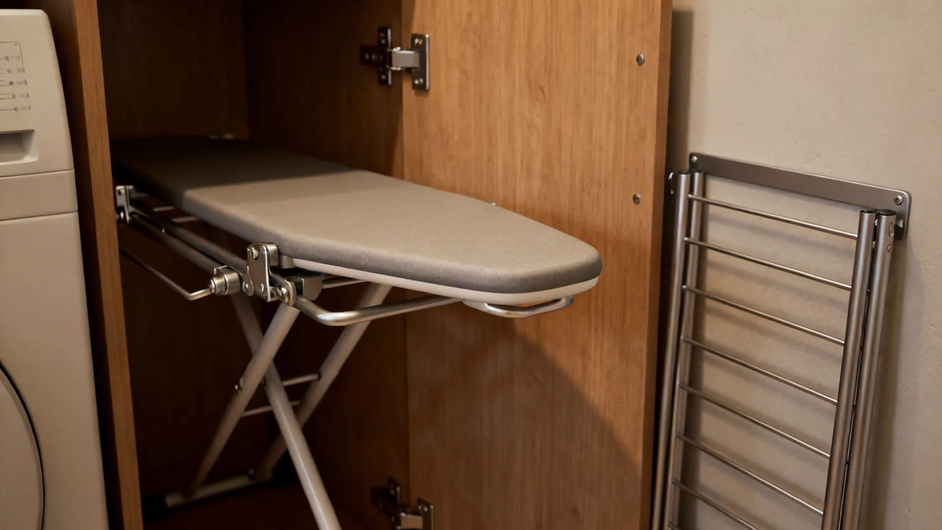 Fold-down ironing board hidden behind a cabinet door with a slim wall-mounted drying rack