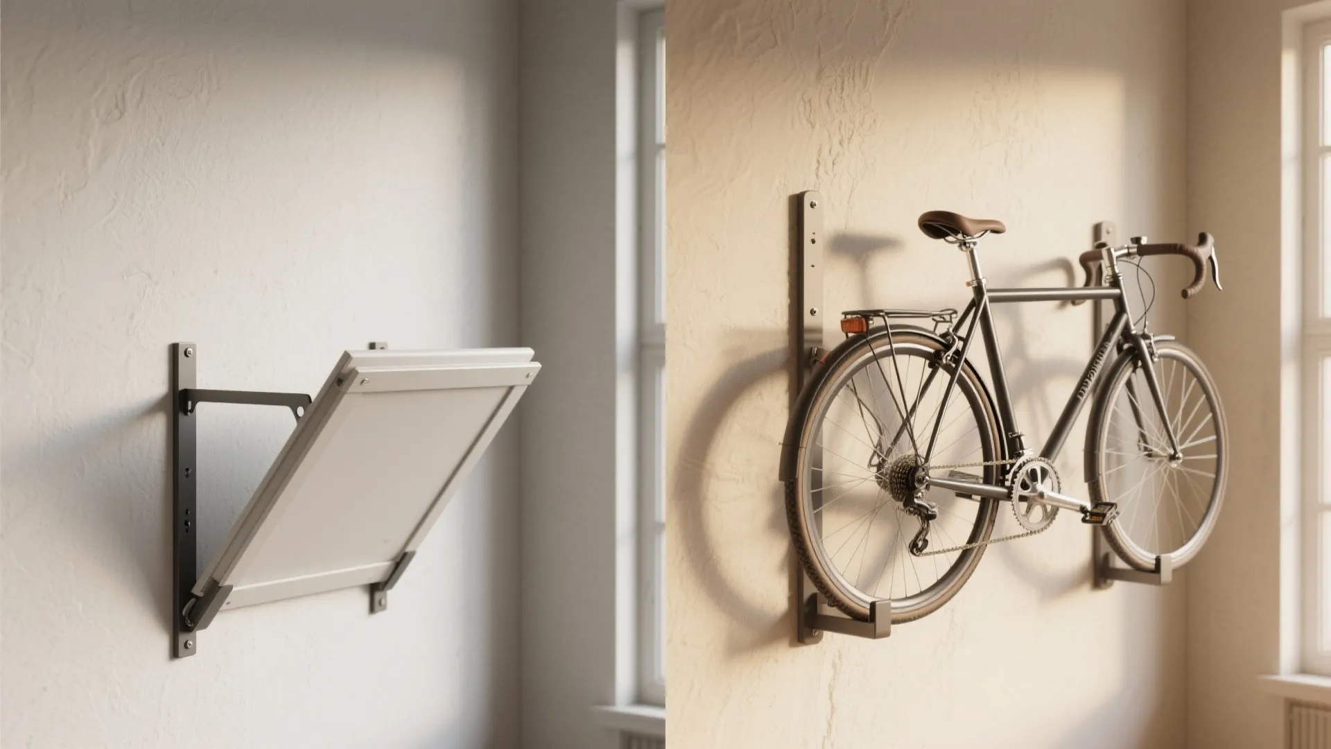 Before and after showing empty wall brackets and bike mounted on fold down wall rack