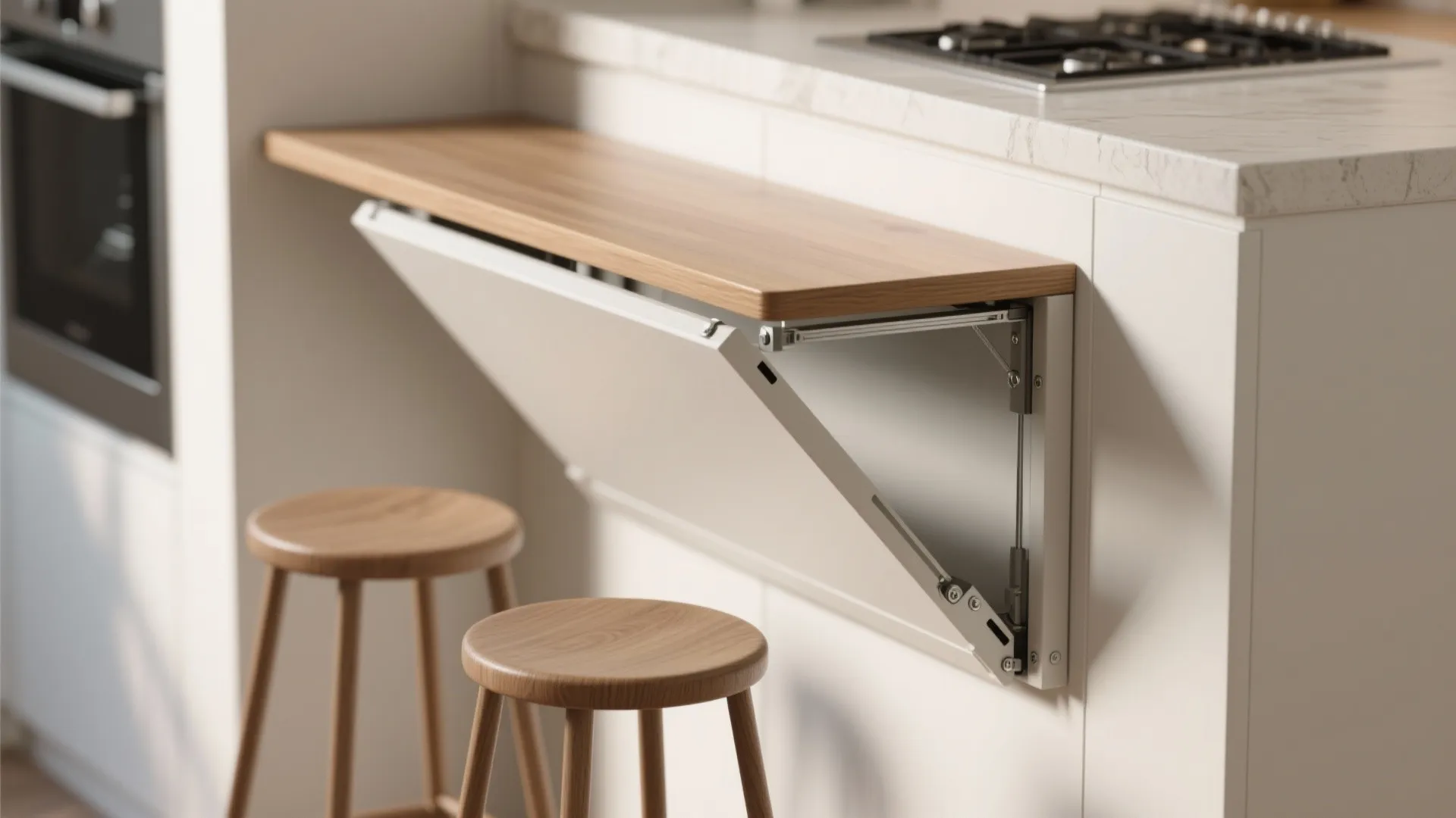 A foldable wooden breakfast bar table attached to a white kitchen island with two stools