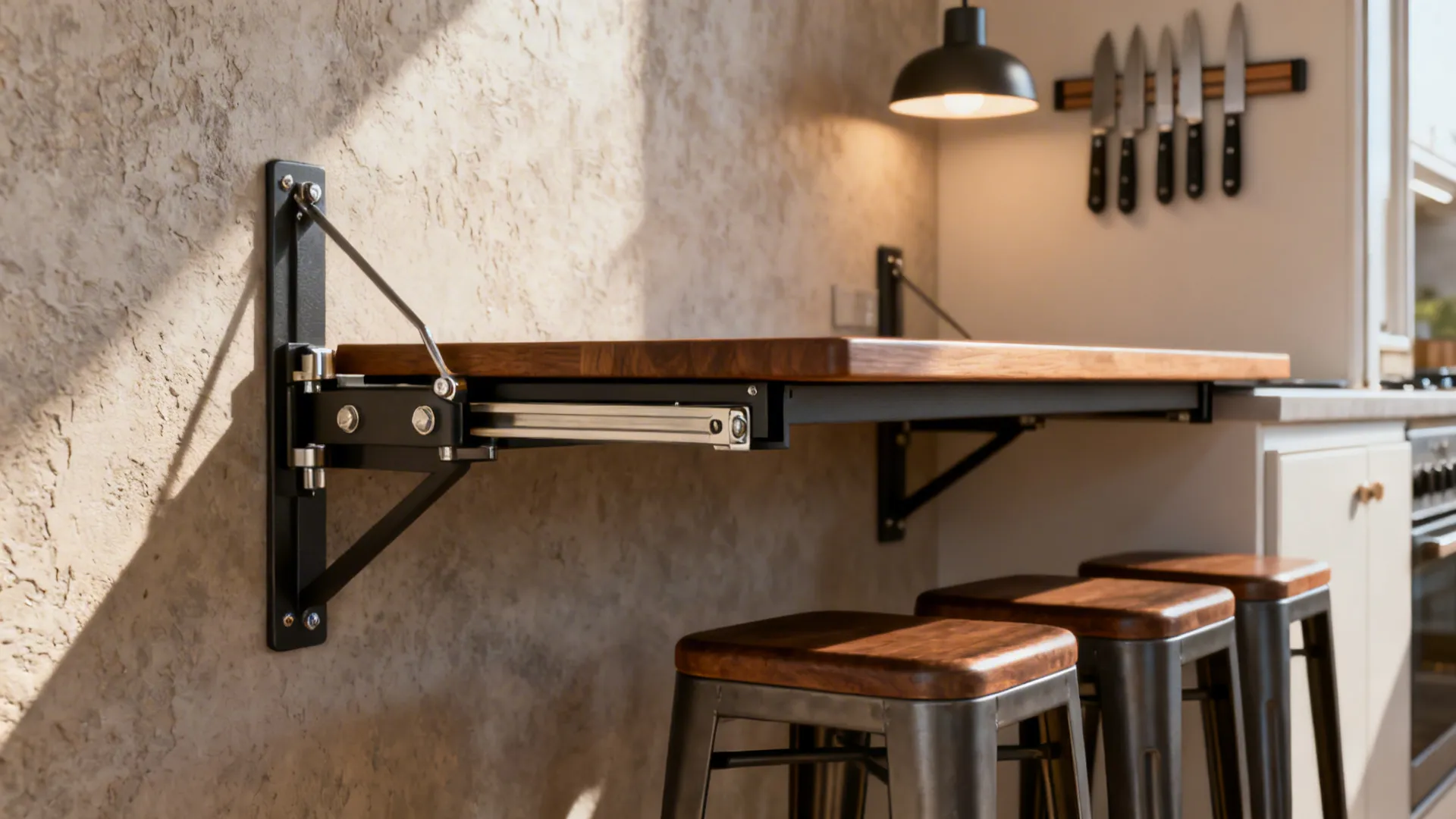 Wall-mounted fold-down breakfast bar with stackable stools and a magnetic knife strip in a micro kitchen.