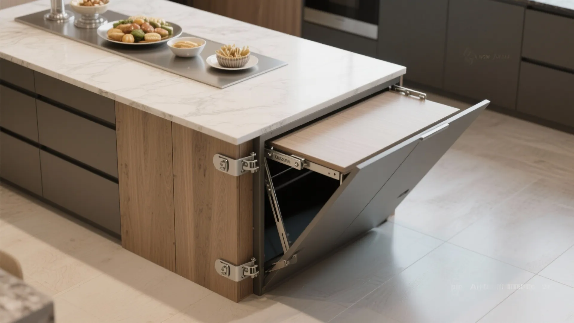 Kitchen island with marble top showing a hidden pull out wooden table for extra dining