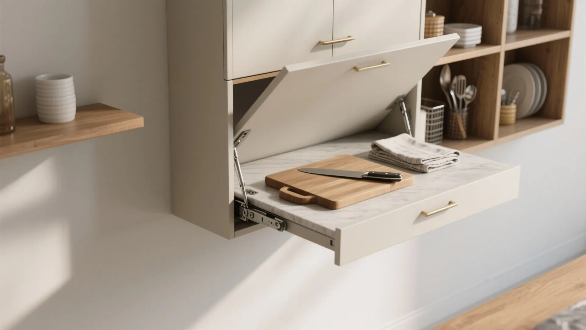 Close-up of cream wall cabinet with fold-down door used as a kitchen prep surface area