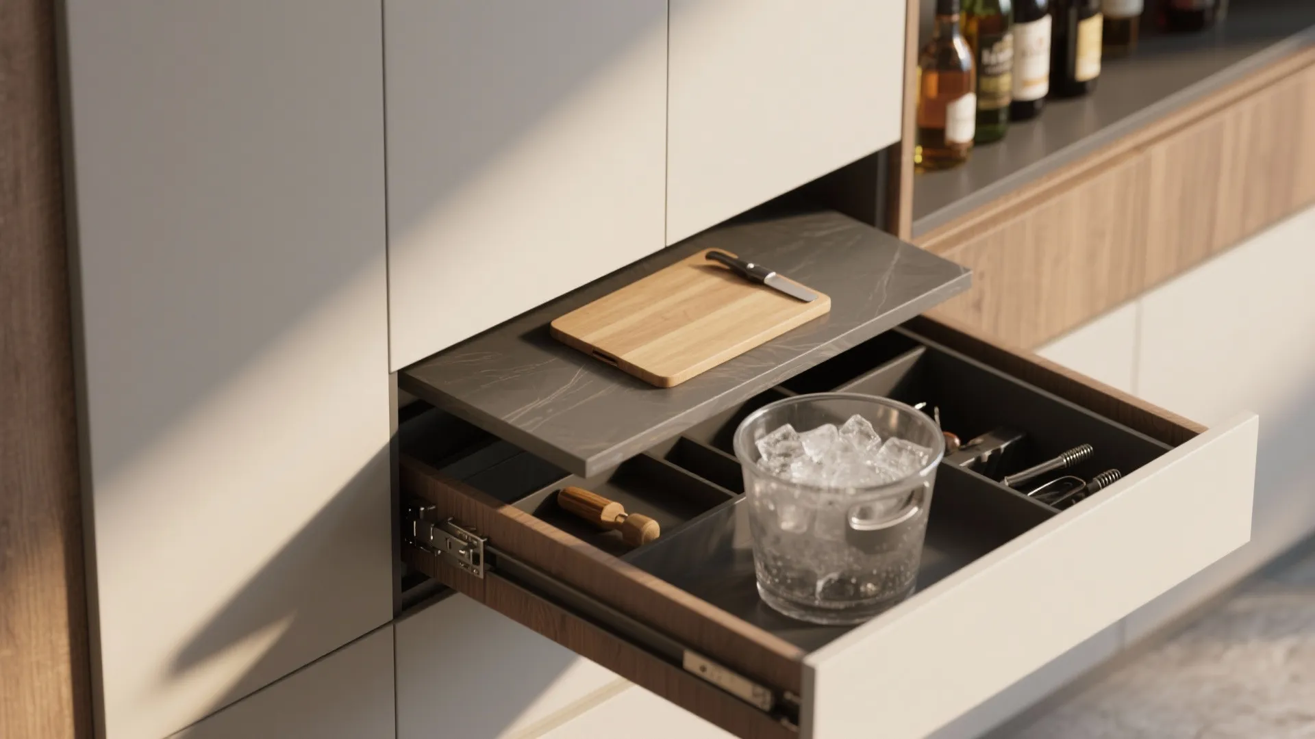 Fold-down bar cabinet opened to reveal a fold-away surface, removable ice bucket and hidden storage