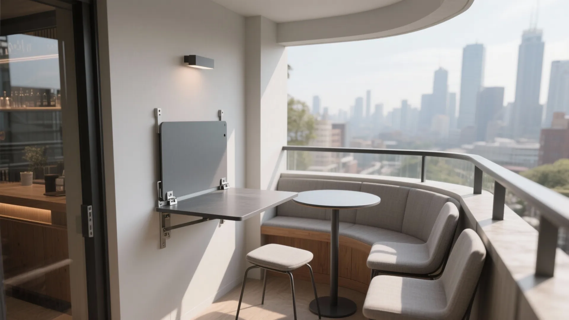 Small balcony featuring wall mounted folding table curved seating area grey chairs and city skyline background