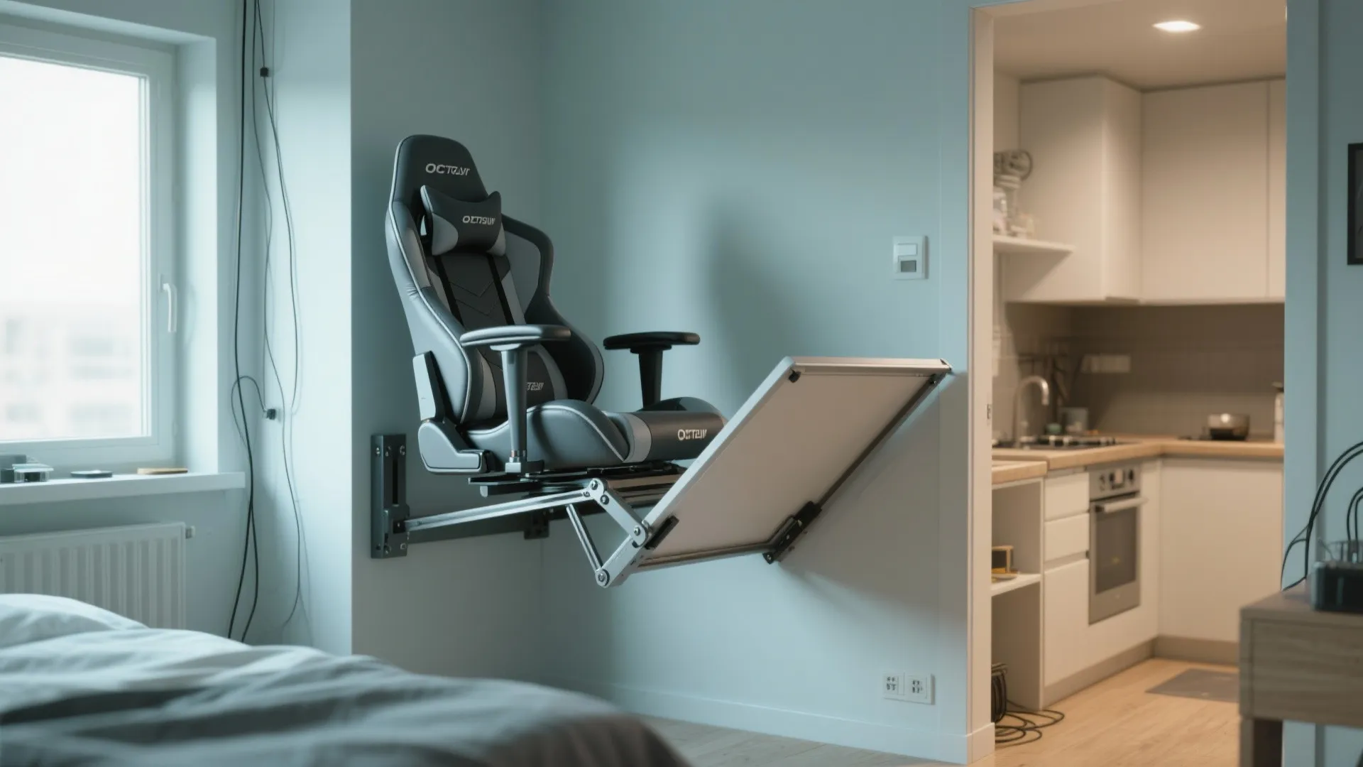 Wall-mounted fold-down gaming chair folded against the wall in a compact studio space.
