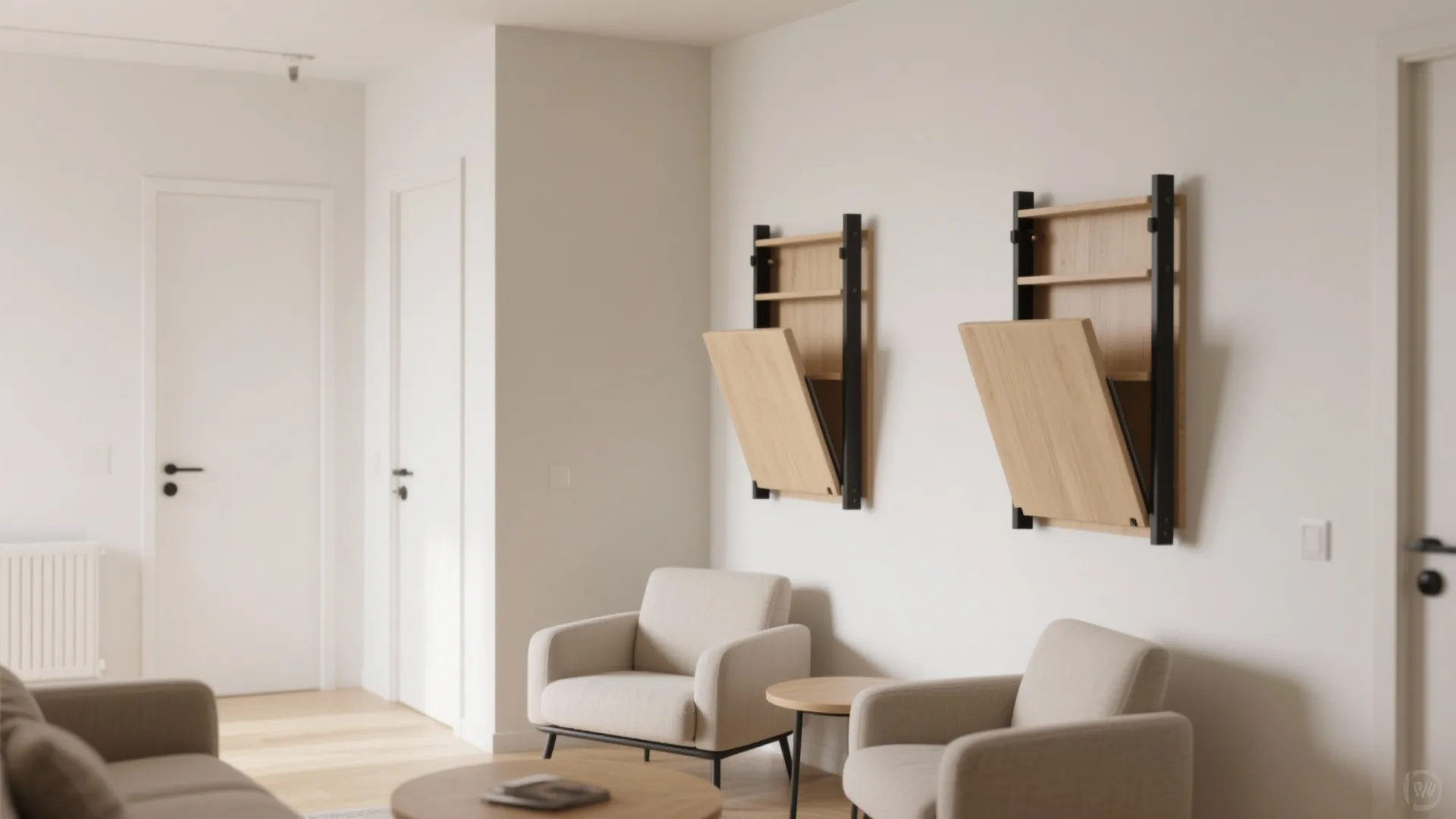 Small living room with wall-mounted fold-down chairs that disappear when not in use.