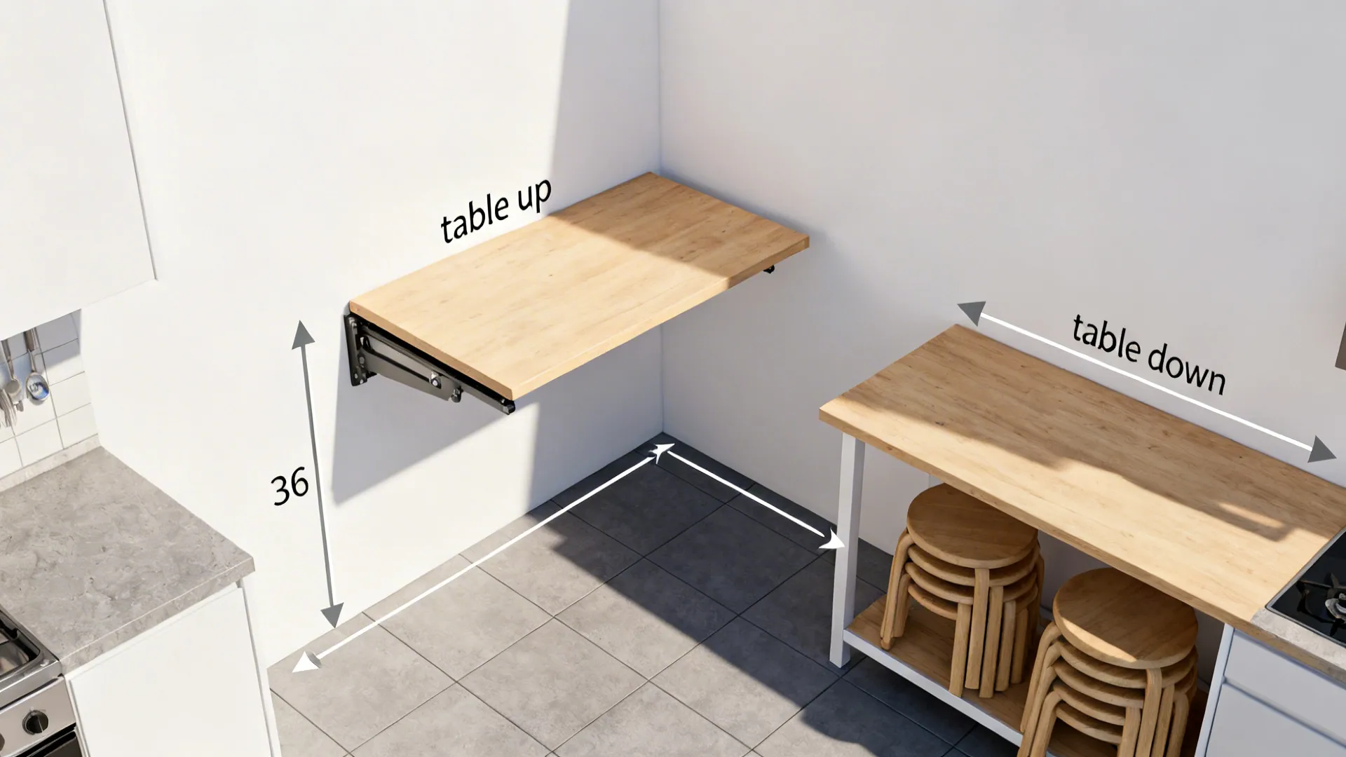 Top-down view of fold-down table layout with clearances and stacked stools in a small kitchen.