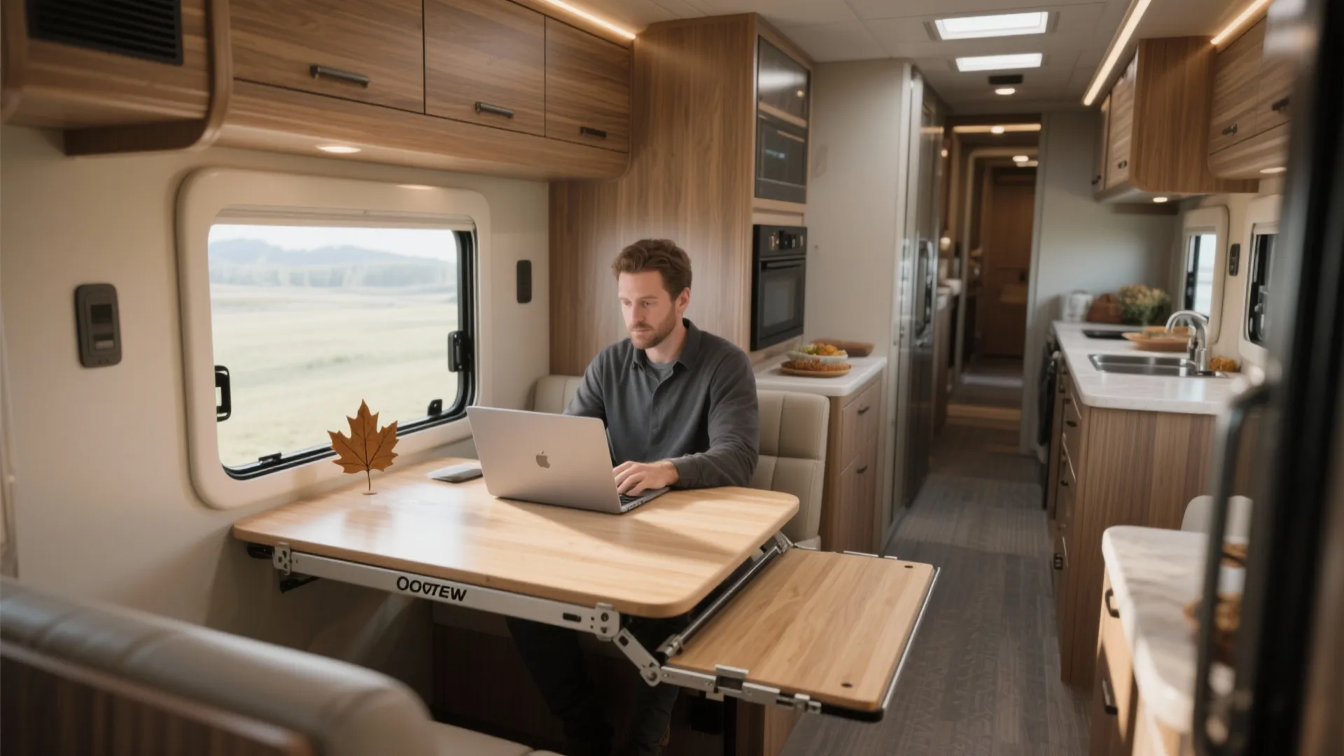 Man working on laptop at a fold down wooden table inside a modern travel trailer