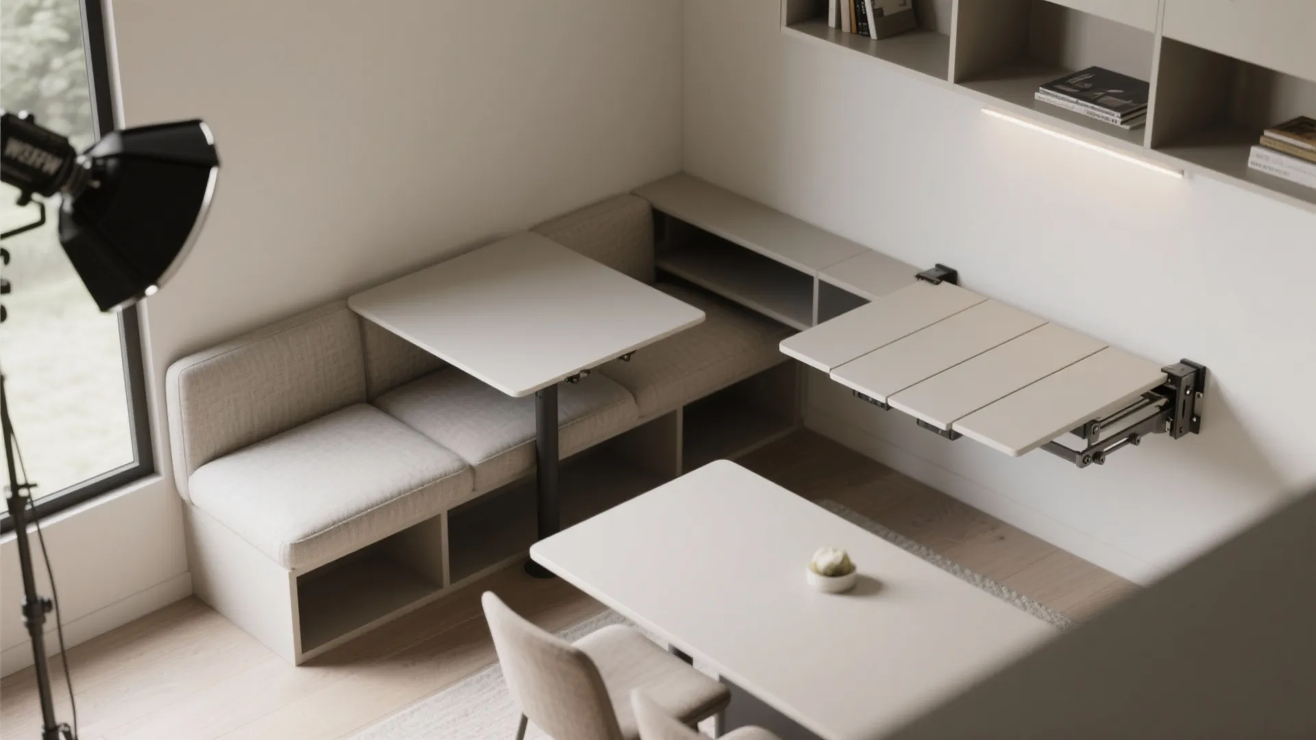 4. Fold-down table and bench combo for multifunctional rooms