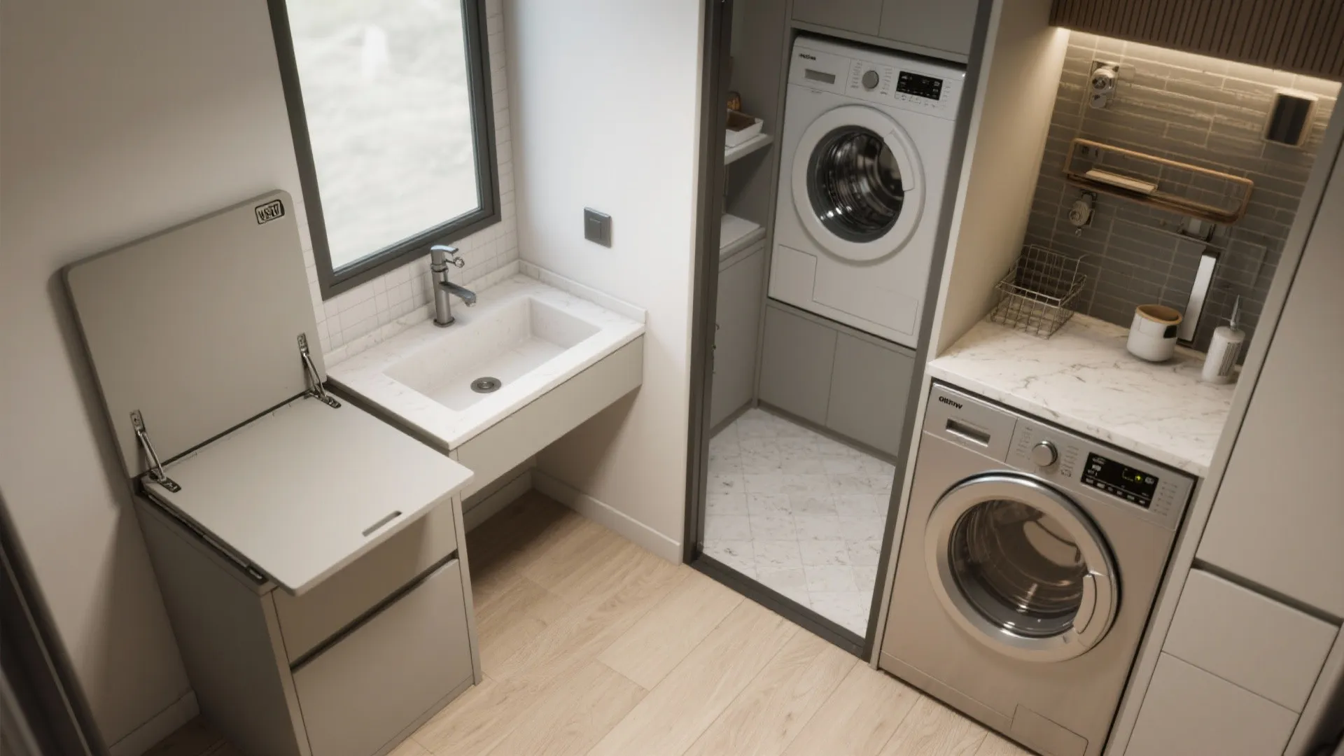 Multi-use room showing a fold-down console sink folded up to save space next to a laundry area.