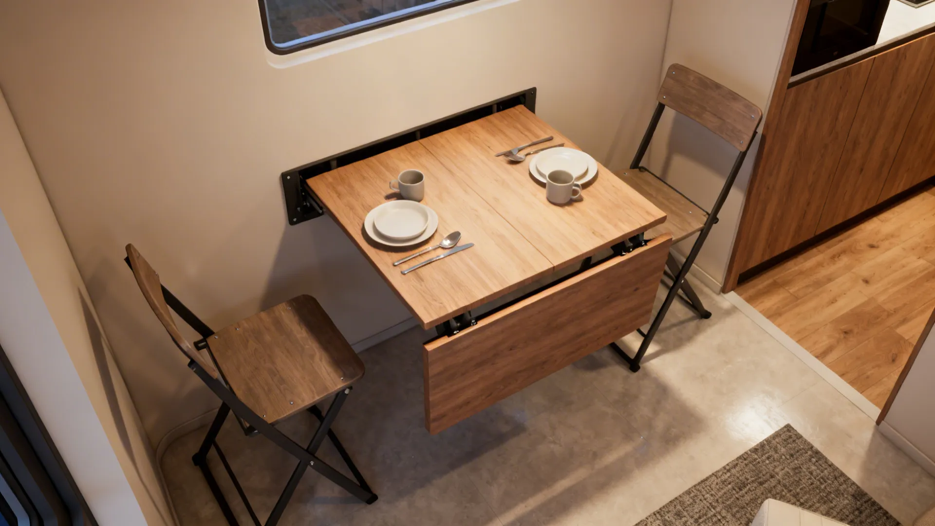 Wall-mounted fold-down console table set up as a two-person dining spot in a small living area.