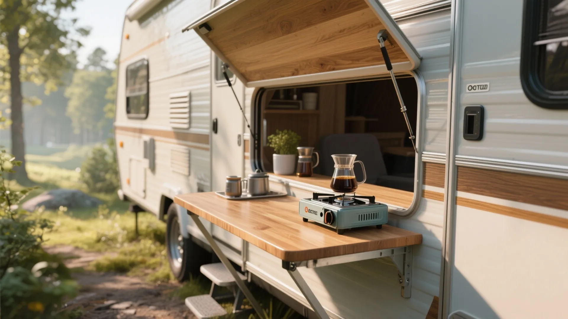 White camper van with fold down wooden table and portable gas stove for outdoor cooking
