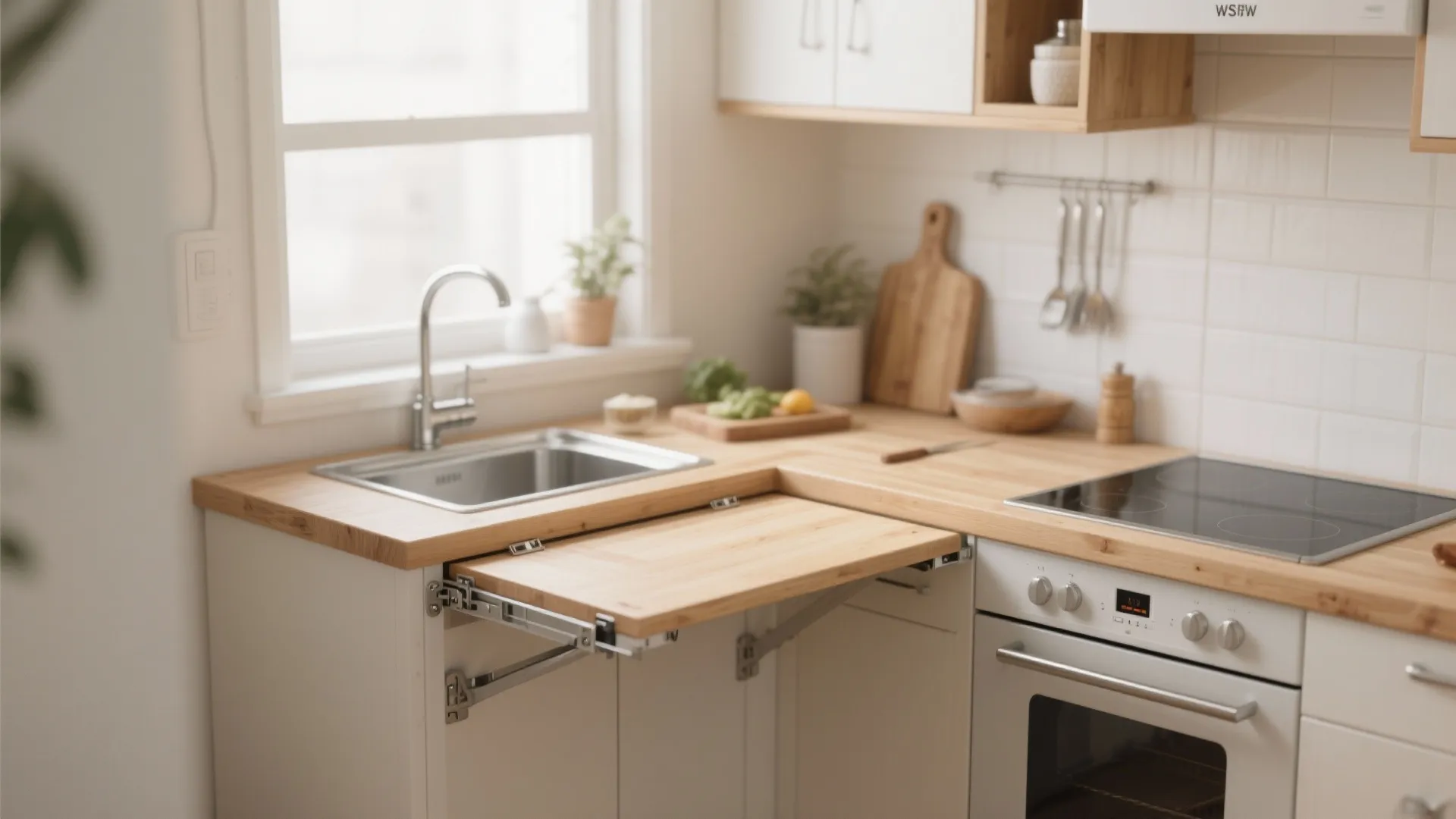 Small kitchen showing a pull out wooden cutting board extension near the sink and stove