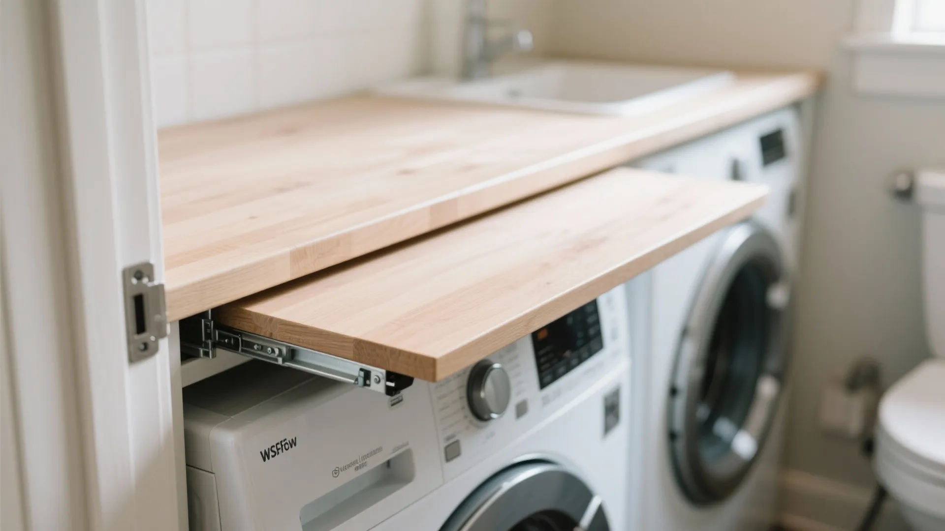 Modern laundry room featuring a pull out wooden counter top above a white washing machine