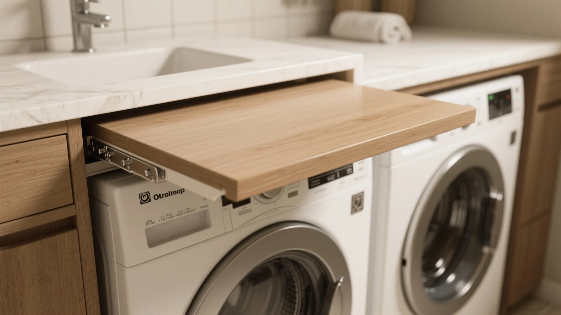Close up of wooden pull out shelf above white washing machine next to bathroom vanity sink
