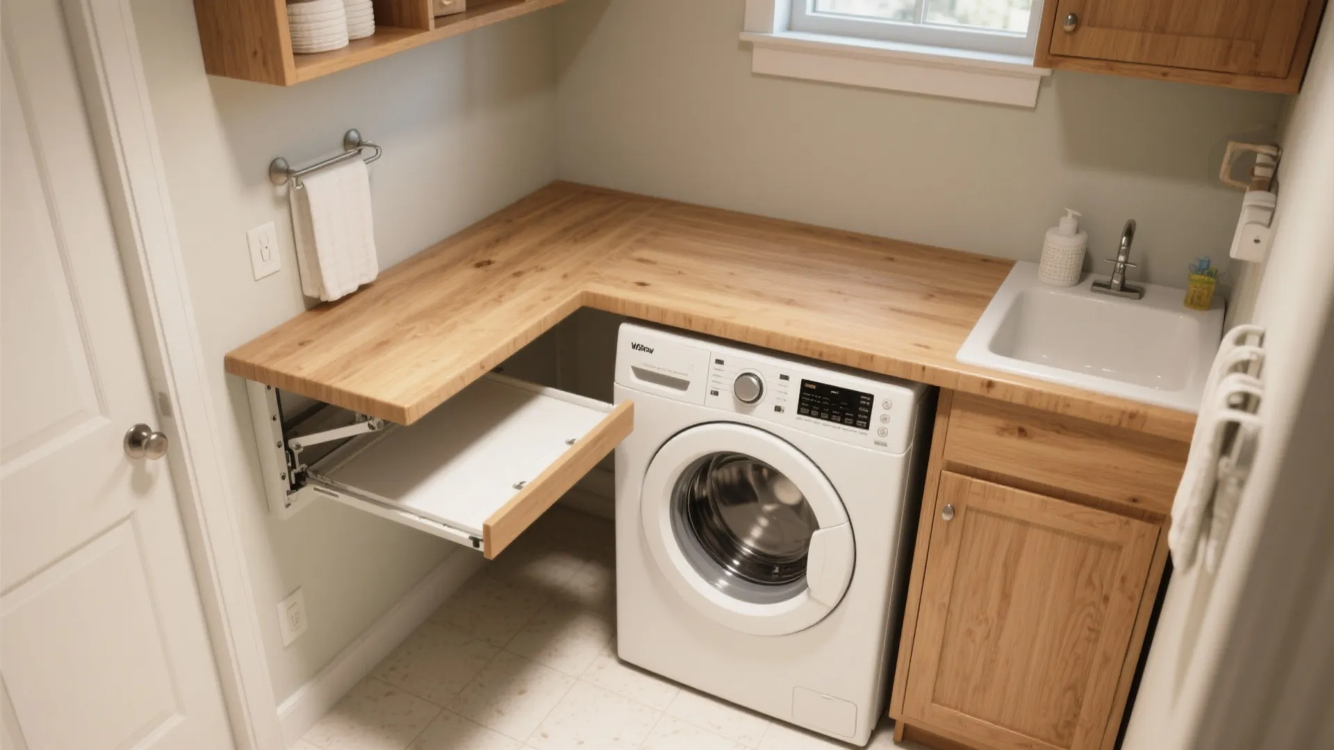 Laundry room featuring a wood countertop with a pull out shelf above a white washer