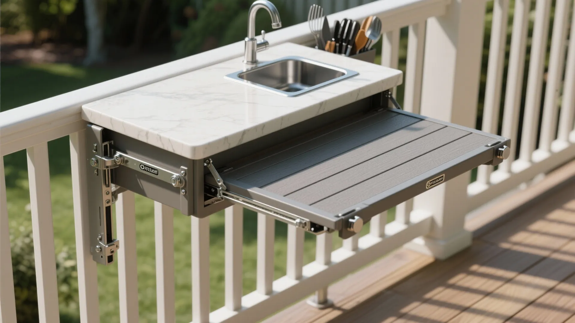 Outdoor balcony with marble counter small sink and a fold out grey wooden prep table