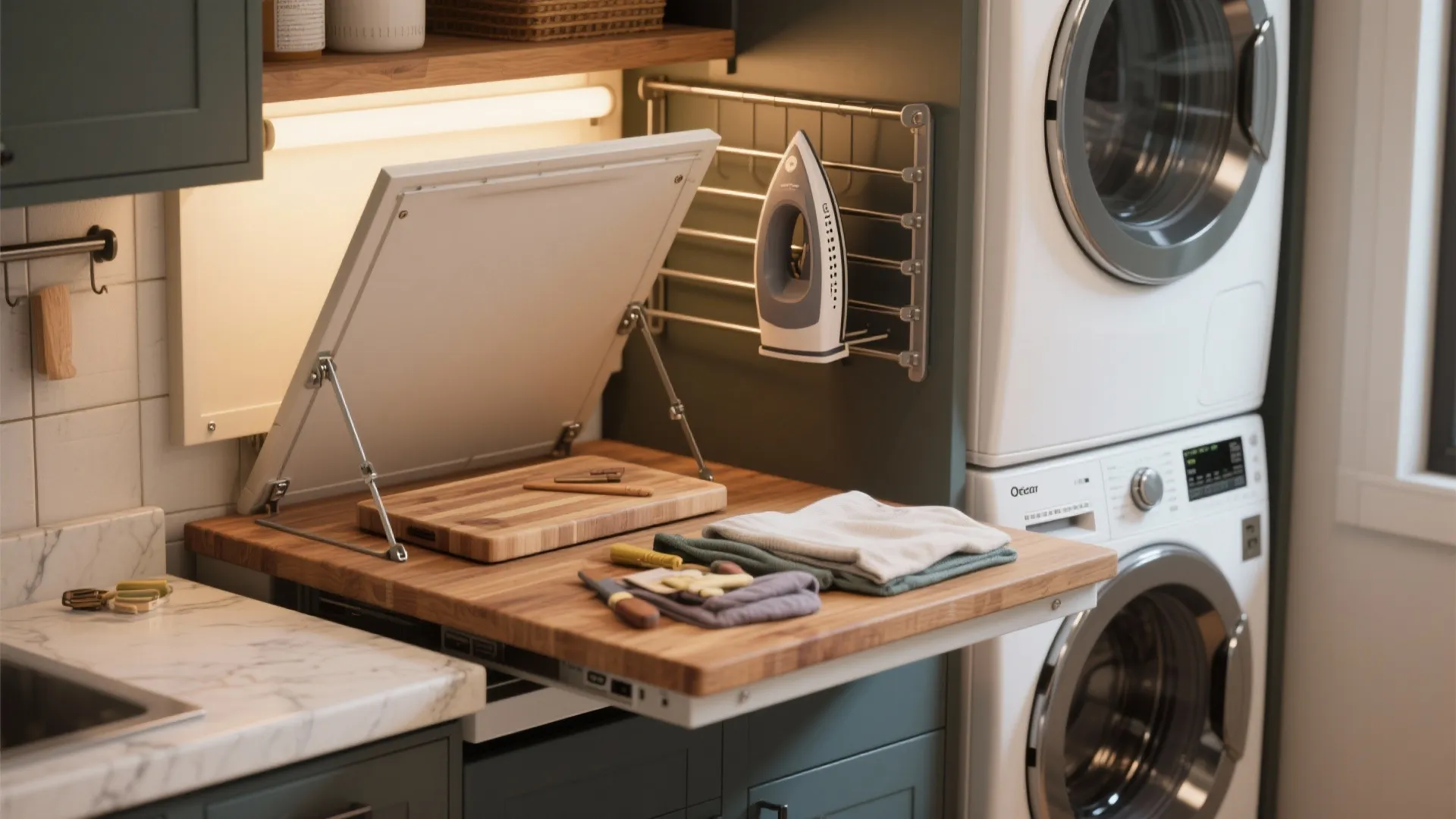 Pull out wooden counter in laundry room with folded clothes an iron and white machine