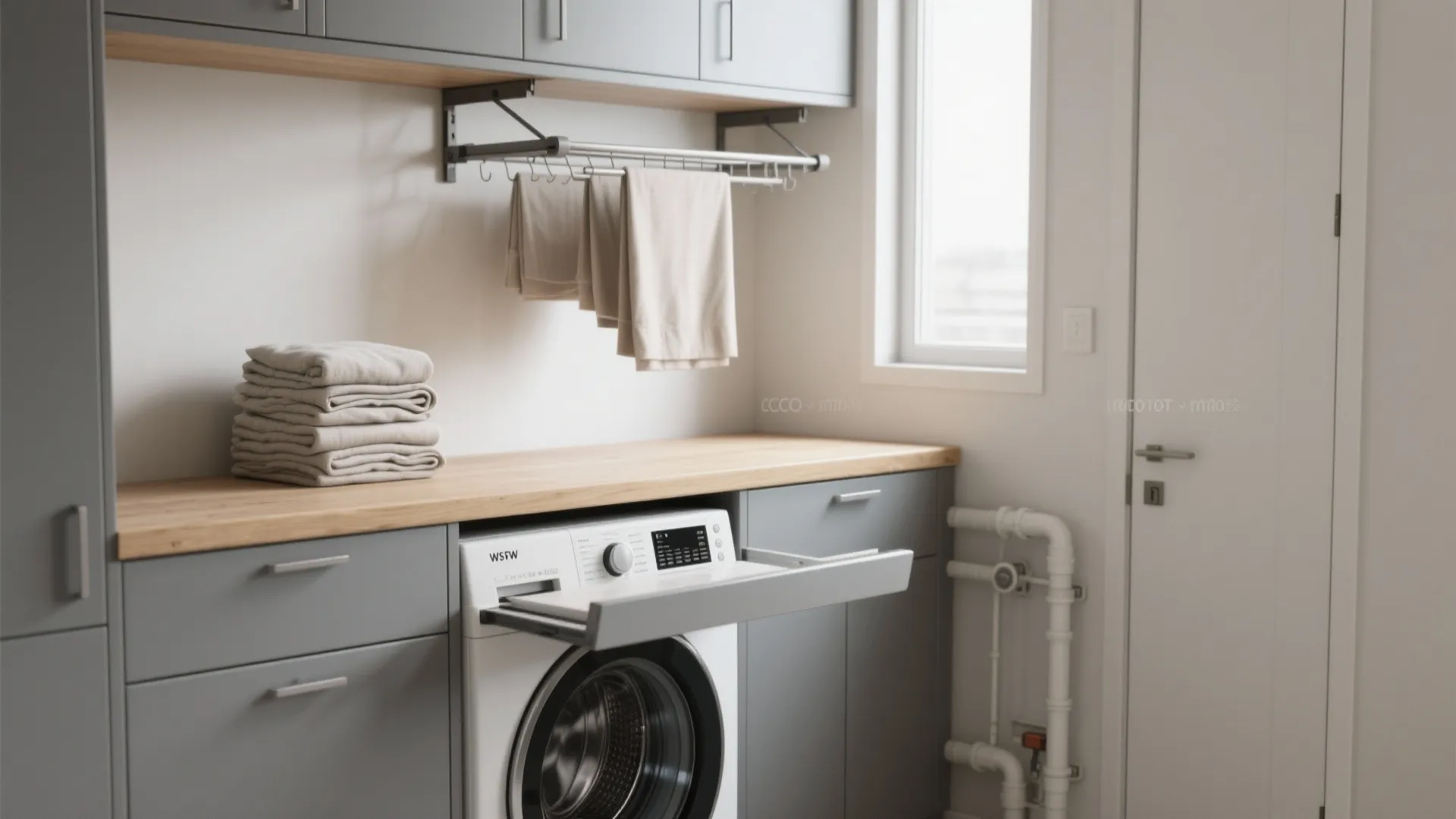 Modern laundry room featuring grey cabinets with wooden countertop and a white front loading washing machine