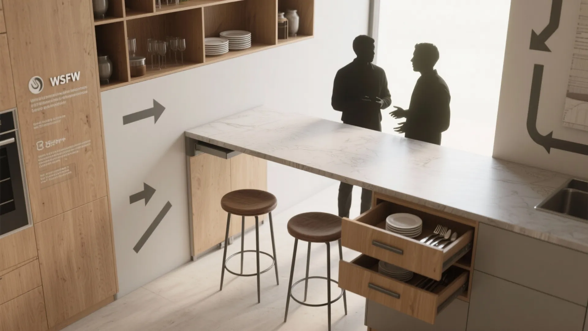 Modern kitchen with marble breakfast bar wooden stools open shelving drawers and two people talking