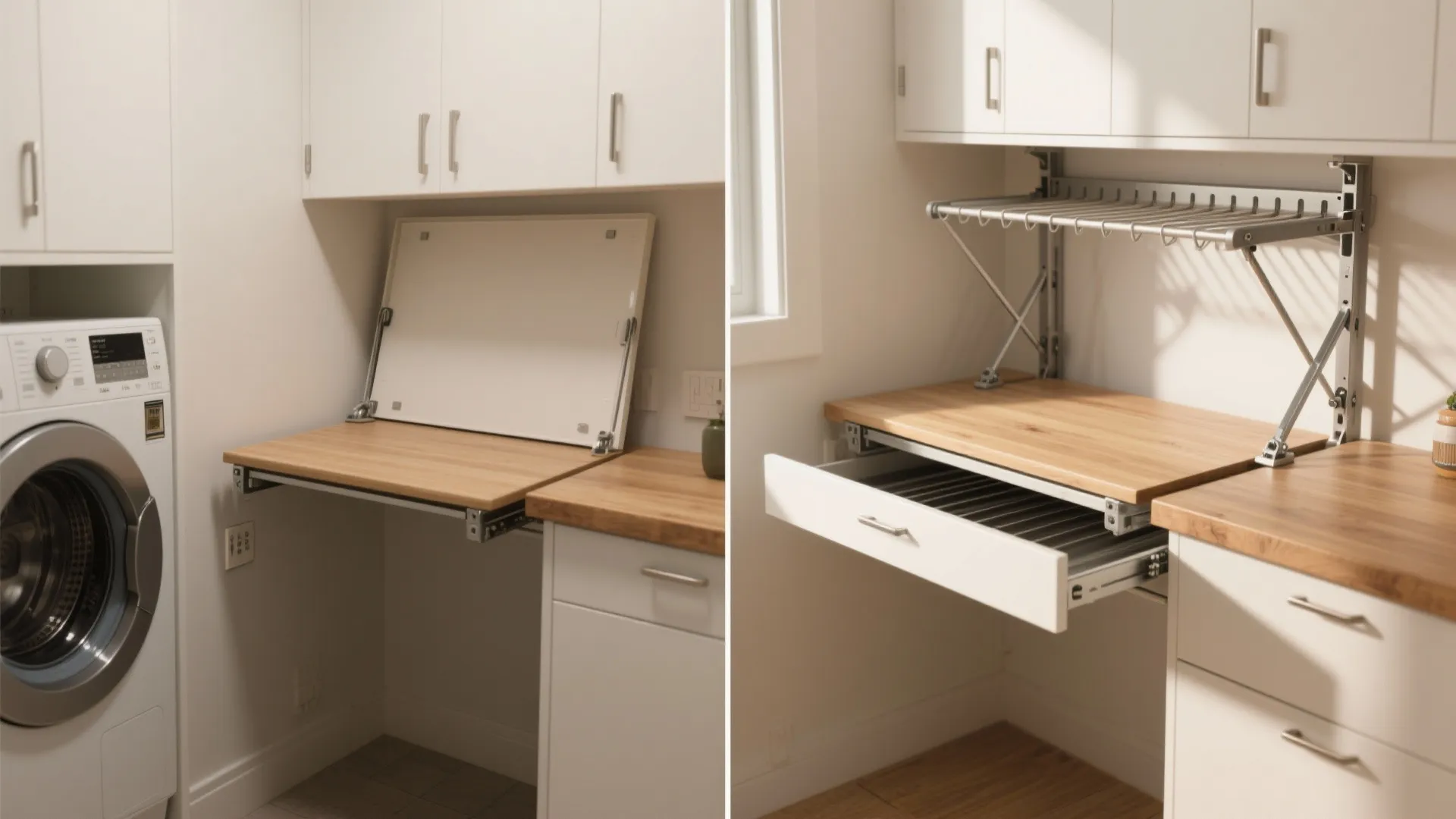 Split view of a fold-down counter folded flat and unfolded as a folding surface with a wall drying rack above.