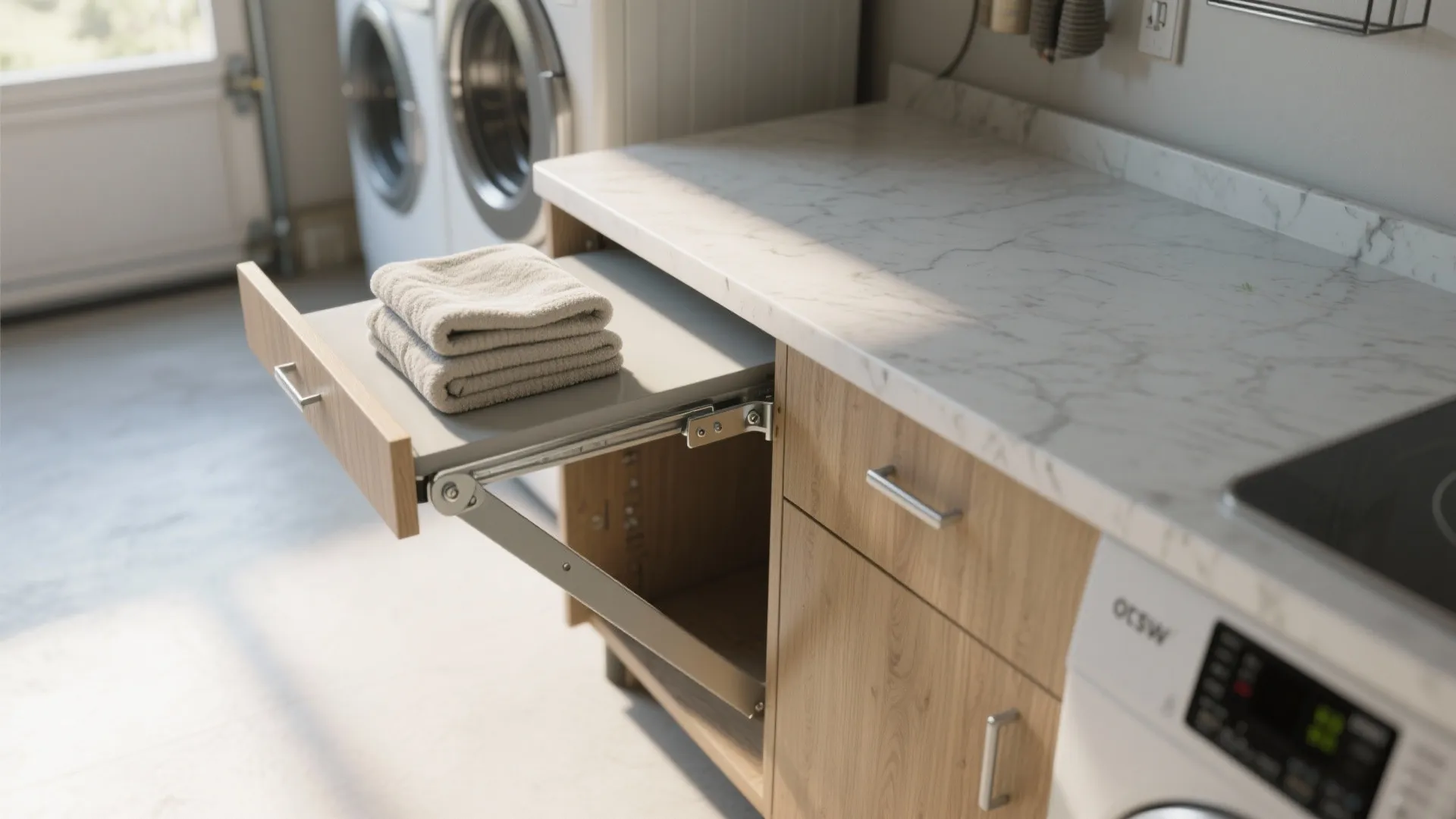 Top-down view of a sturdy fold-down countertop with brackets in a garage laundry
