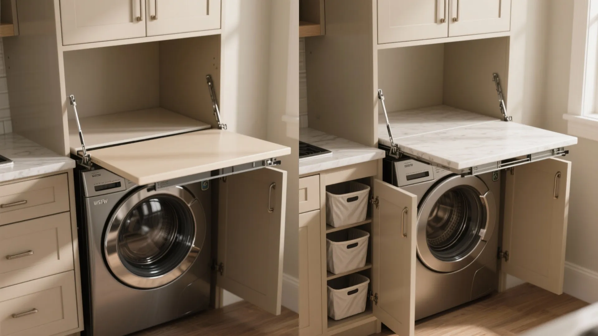 Before-and-after view of a fold-down counter over stacked laundry appliances with hidden pull-out hamper bins.