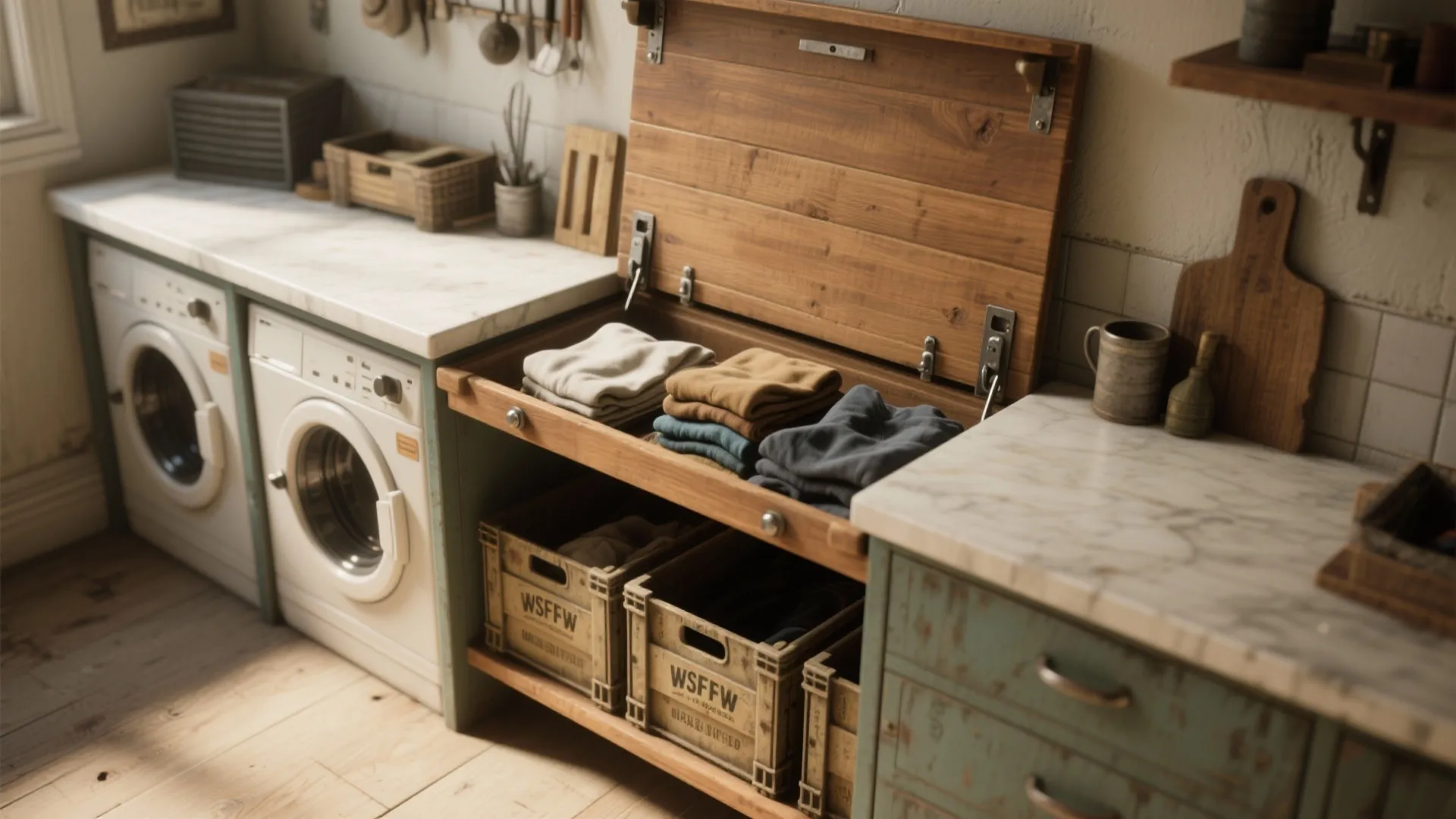 Rustic laundry room with washing machine marble countertop and wooden cabinet holding neatly folded laundry