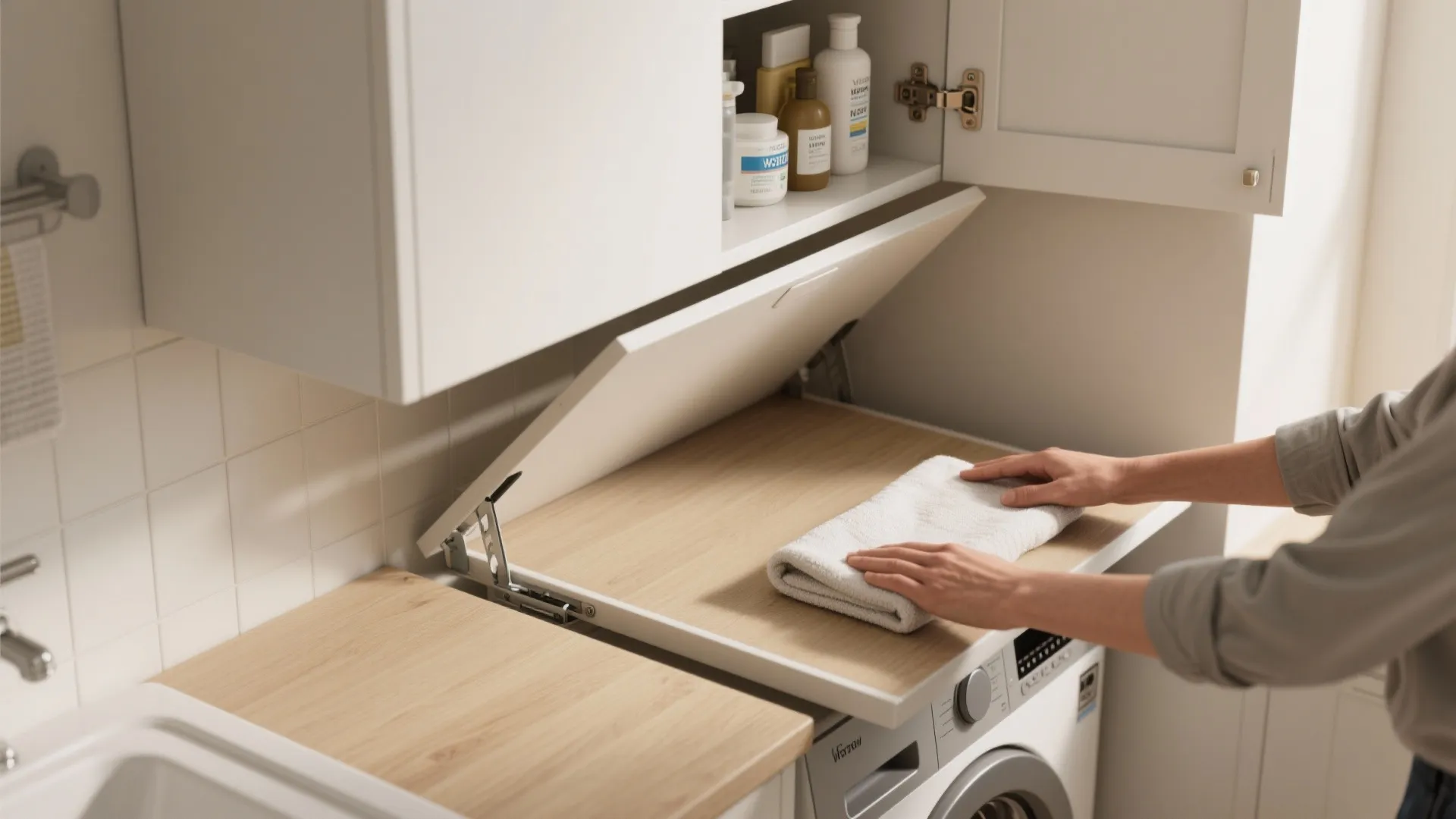 Person folding a white towel on a wooden laundry room counter with white storage cabinets