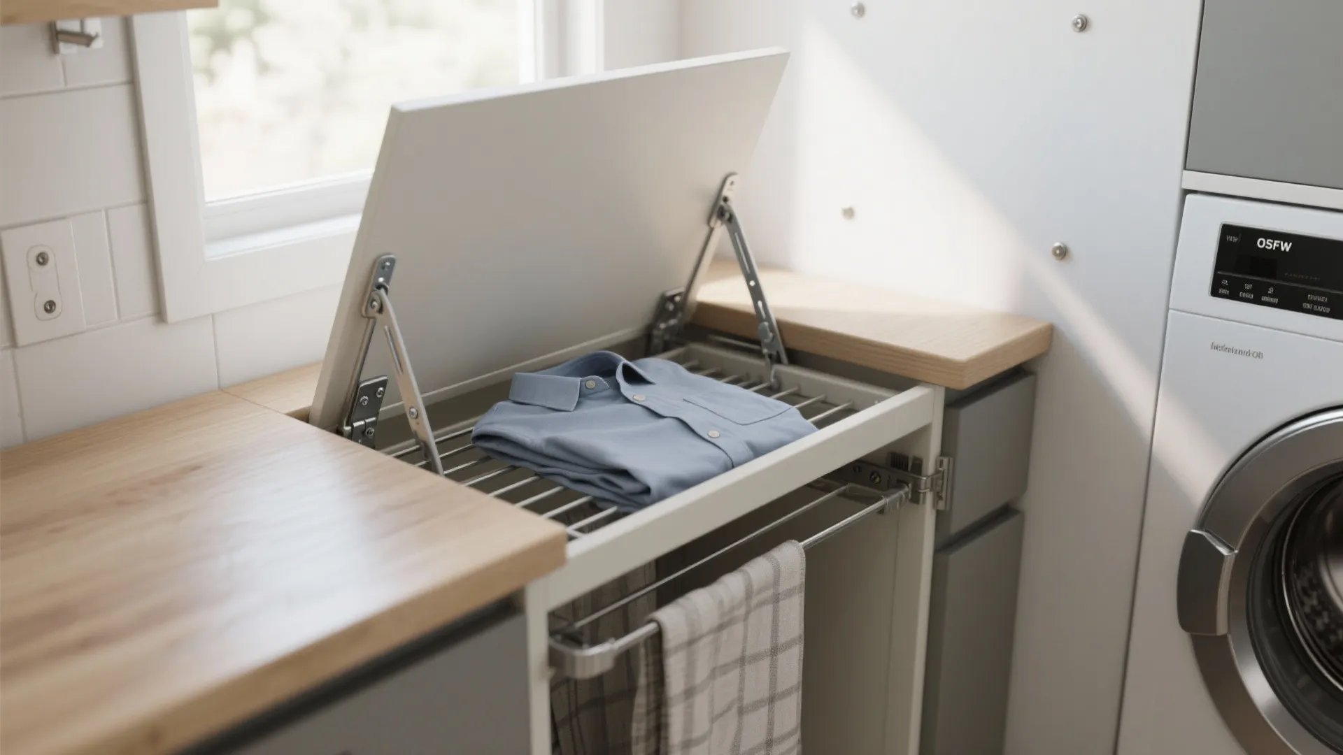 Fold down laundry drying rack built into kitchen cabinet with a blue shirt and towel