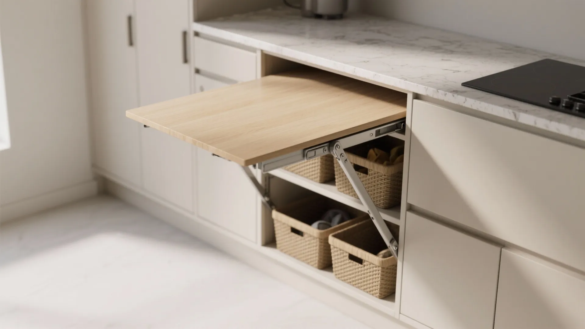 Wood foldable kitchen counter extension on white cabinets with marble top and woven storage baskets