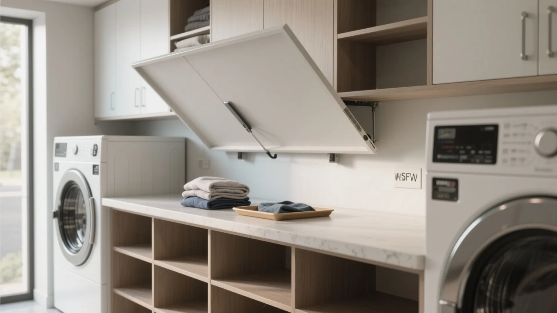 Laundry room with washing machines wooden shelves and a white folding table for cleaning clothes