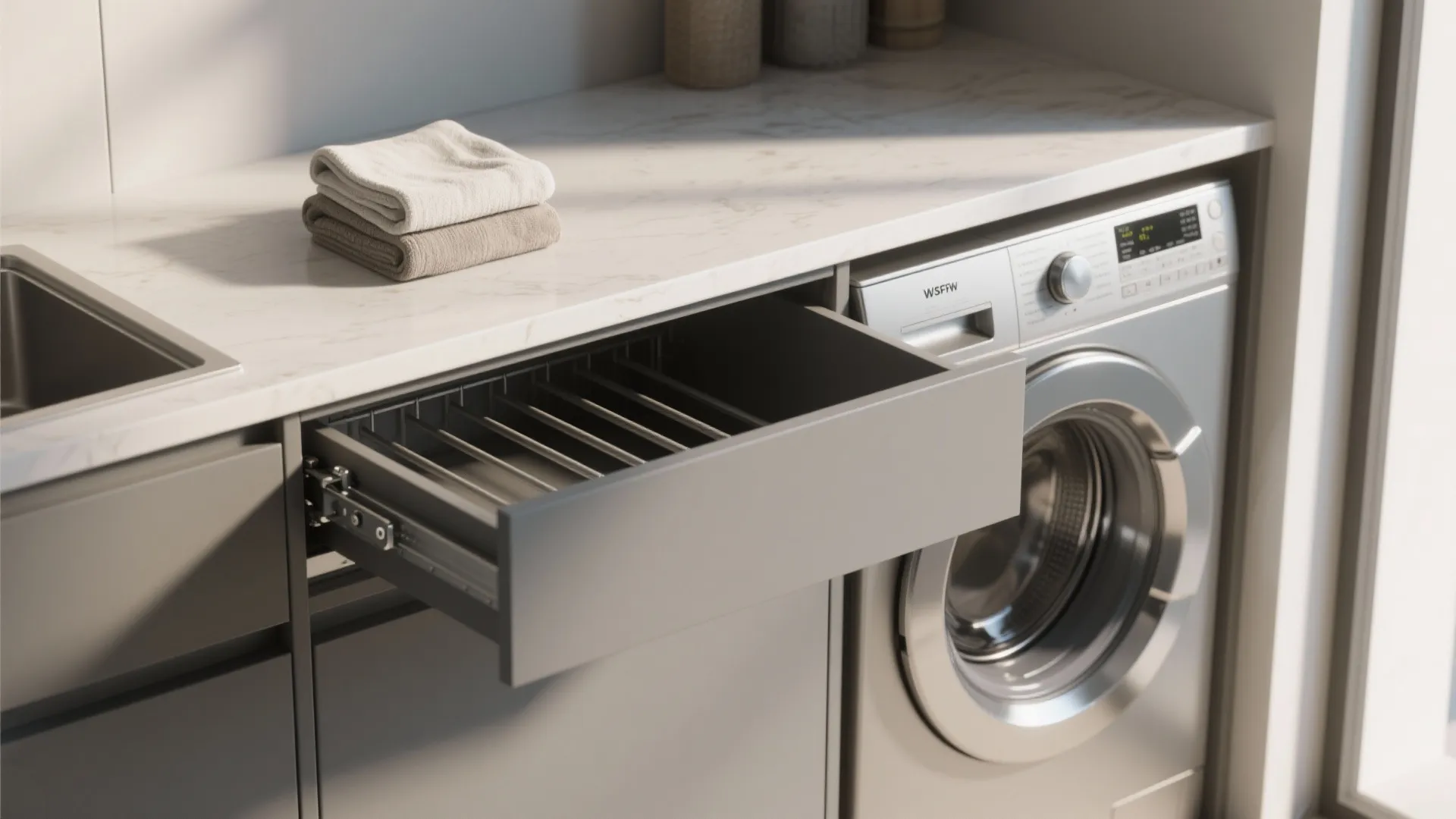 Modern laundry room with marble countertop grey cabinets drying rack drawer washing machine and folded towels