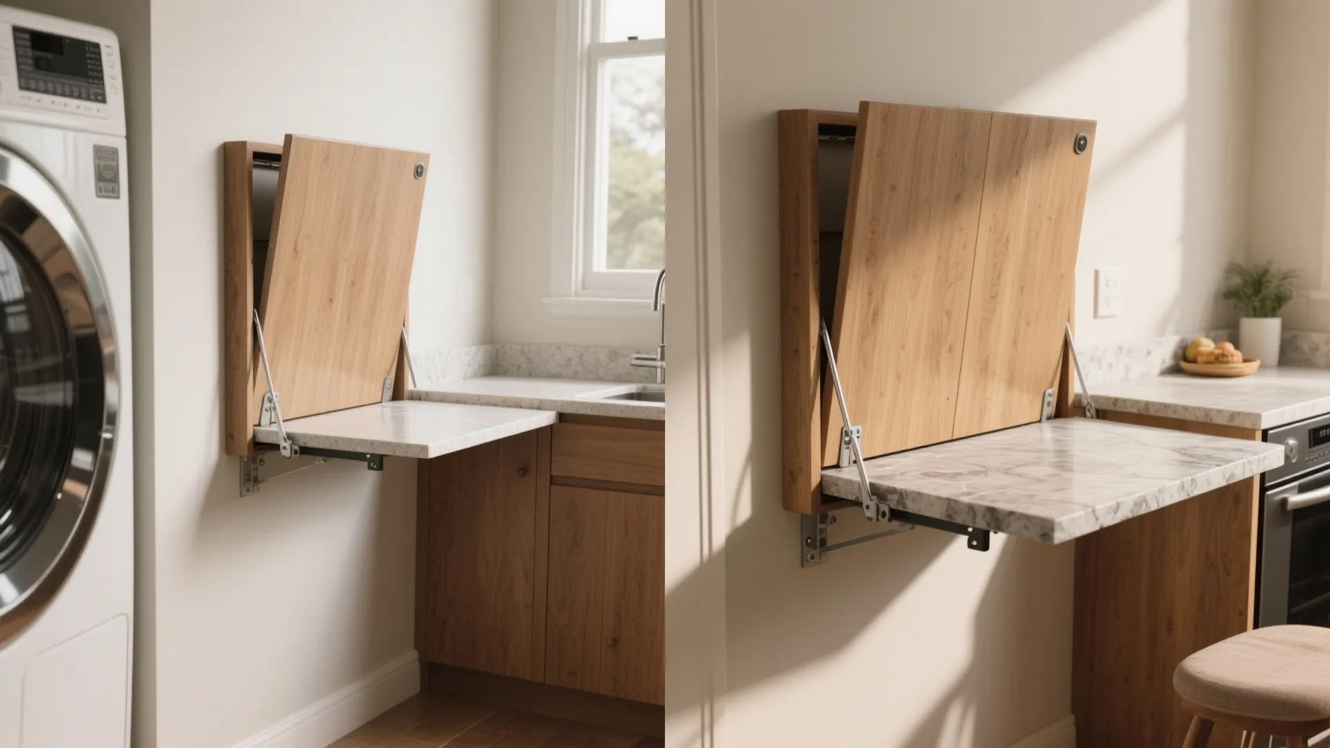 Wall mounted wooden folding table in a laundry room next to a white washing machine