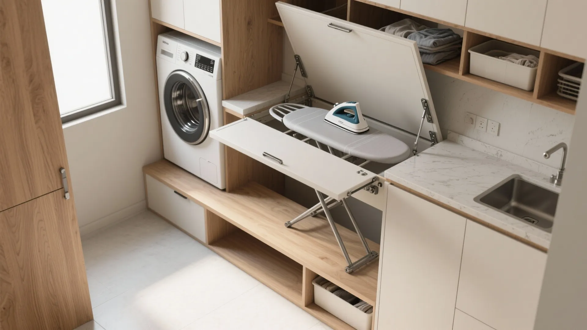 Laundry room with white washing machine and fold out ironing board built into wood storage cabinets