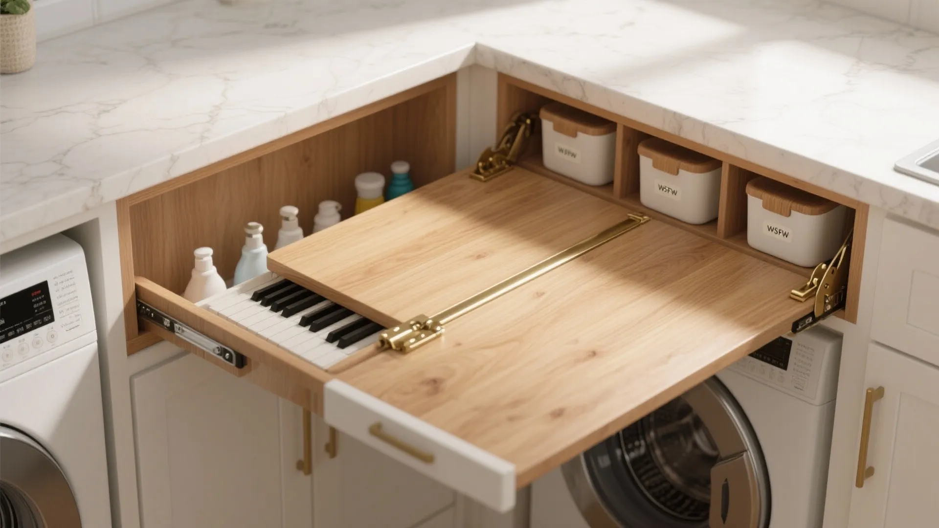 Fold down wooden laundry counter installed above a washing machine in a modern white cabinet