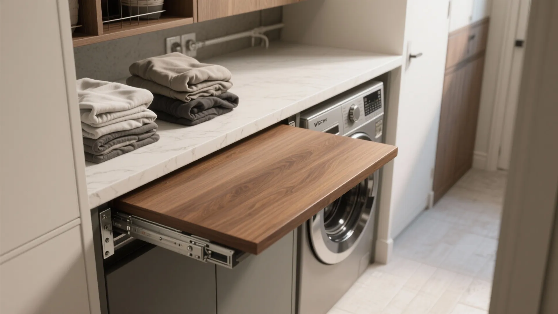 Pull out wooden laundry counter for folding clothes installed above a silver modern washing machine