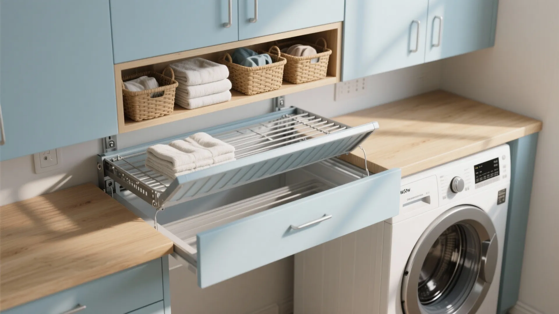 Top-down view of a fold-down counter over a washer with a retractable wall drying rack extended in a compact laundry nook.