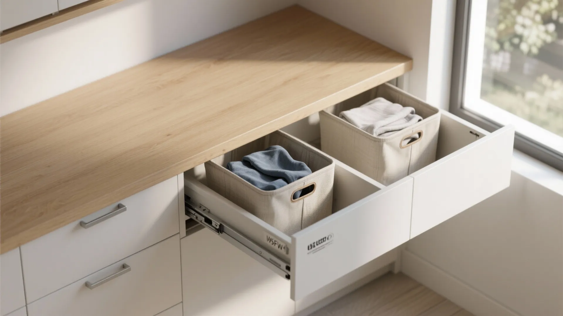 2. Fold-down counter that hides hampers