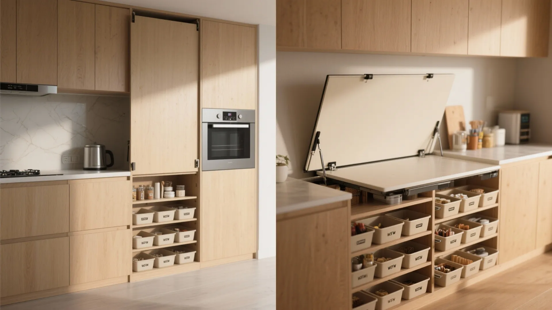 Modern wood kitchen cabinet featuring a fold down table and organized storage bins inside shelves