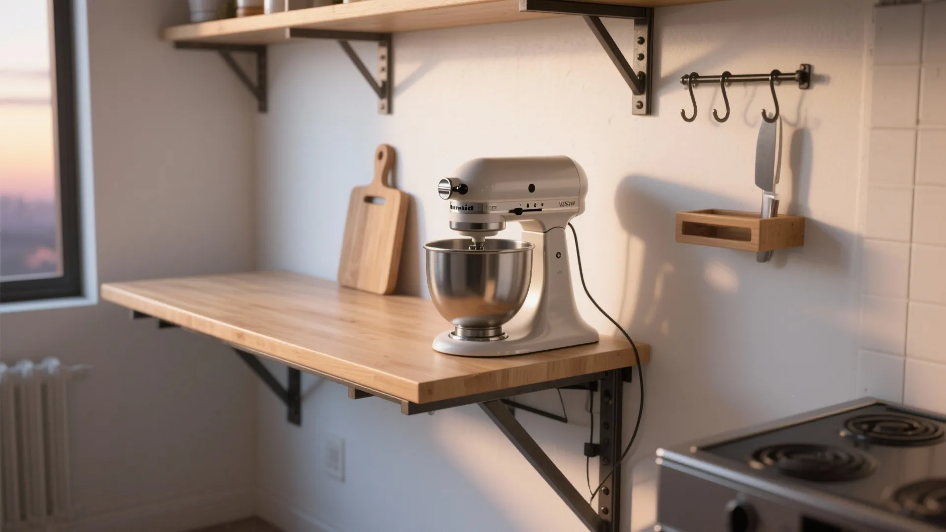 White electric stand mixer on a wooden wall mounted desk with shelves and kitchen tools background