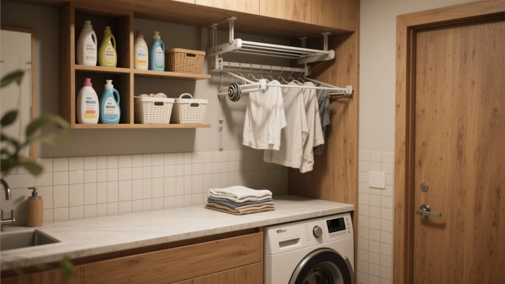 Laundry room with wooden cabinets white marble countertop washing machine drying rack and wall mounted shelves