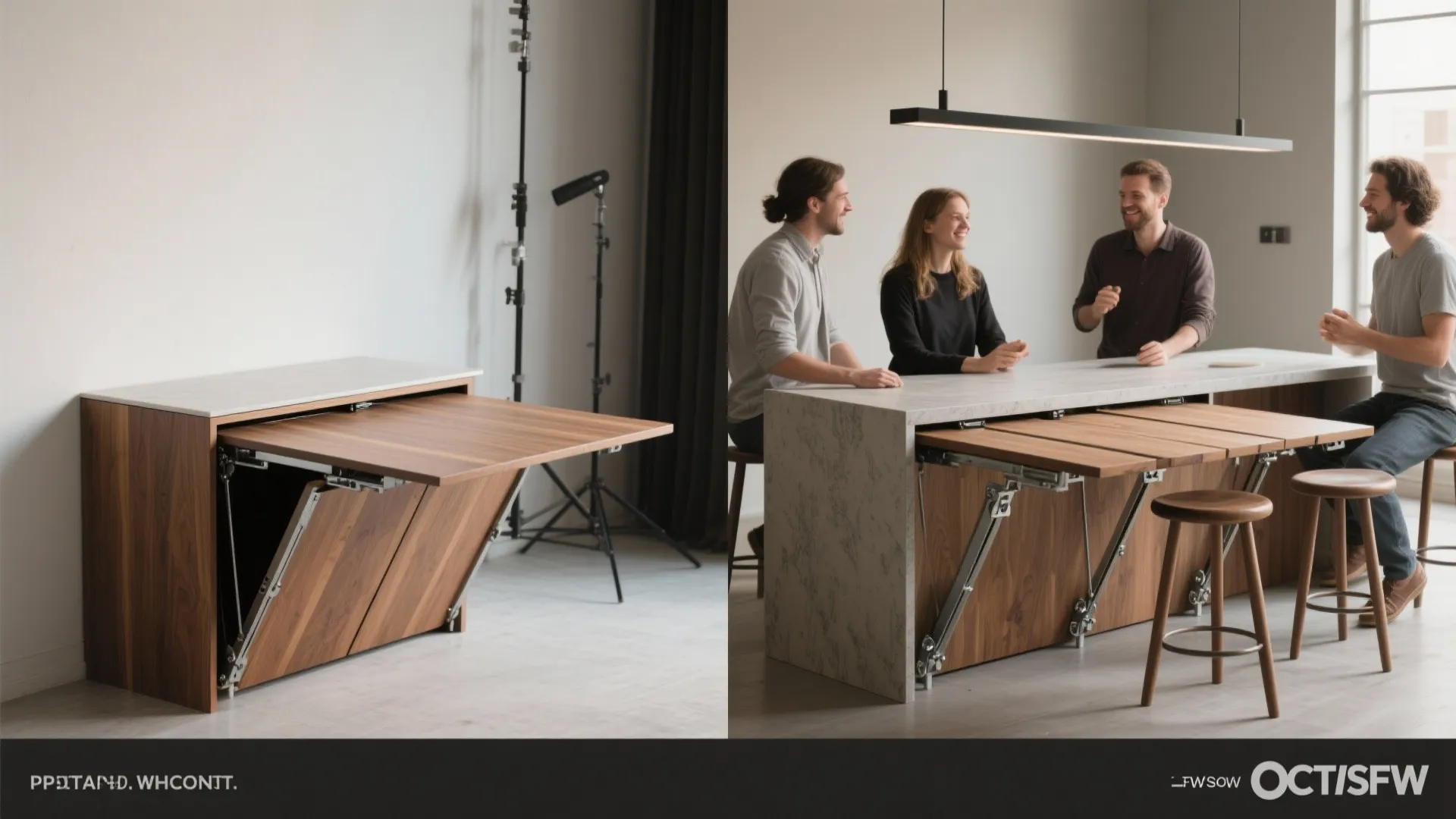 Before and after showing a wooden kitchen island with an expandable fold down dining table extension