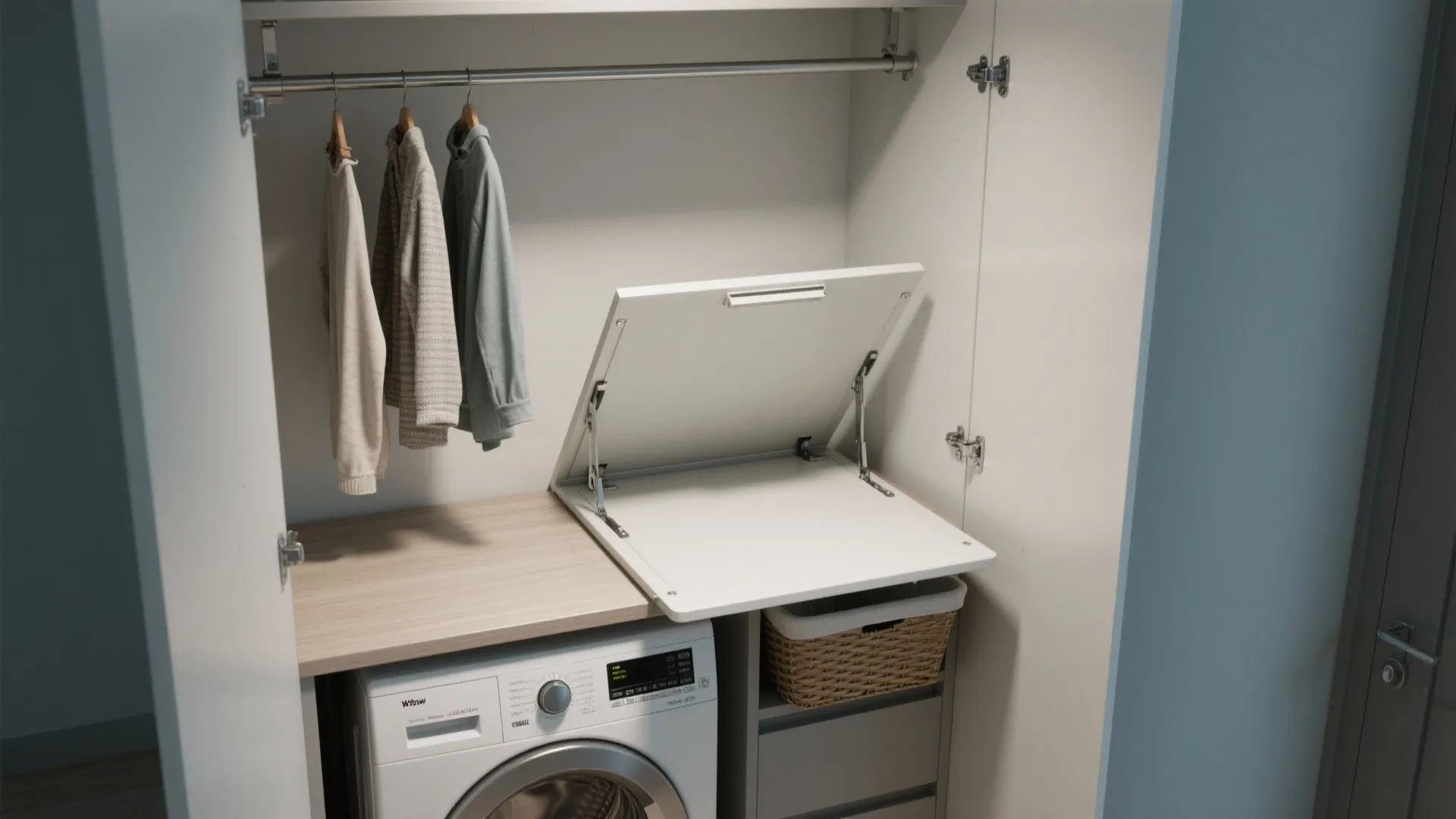 3. Fold-Down Counter with Hanging Rods