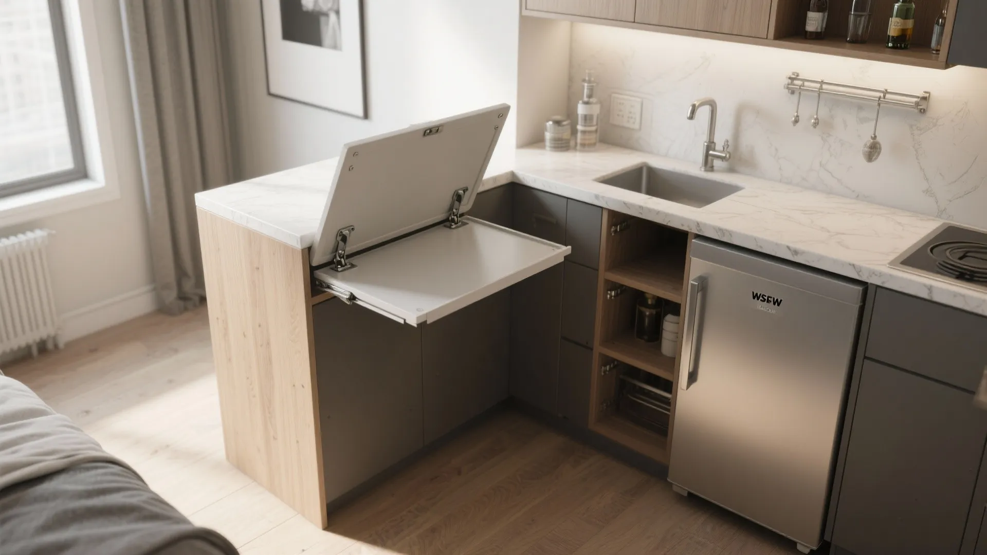 Modern small kitchen with white fold down counter extension grey cabinets sink and silver fridge