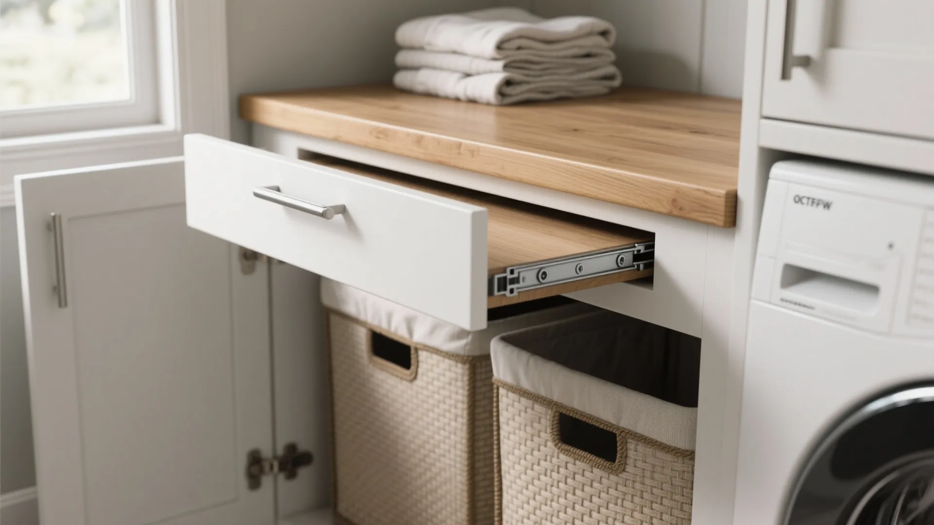 1. Fold-down countertop with built-in hampers