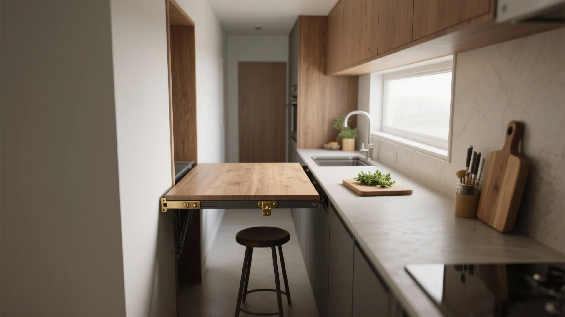 Modern kitchen featuring wooden fold down counter with a small stool and white marble countertop